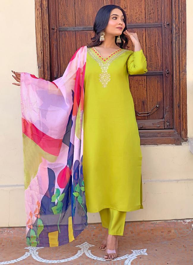 Viscose Parrot Green Casual Wear Embroidery Work Readymade Straight Suit